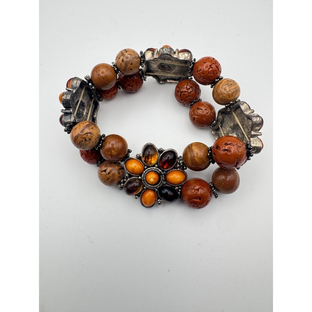Vintage Boho Bracelet Carved Earth Tone Bead Double Strand Flower Stretch - Picture 5 of 9